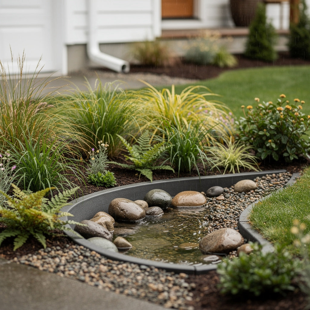 StoneFern Landscapes rain garden design with native plants managing stormwater runoff in Portland residential yard
